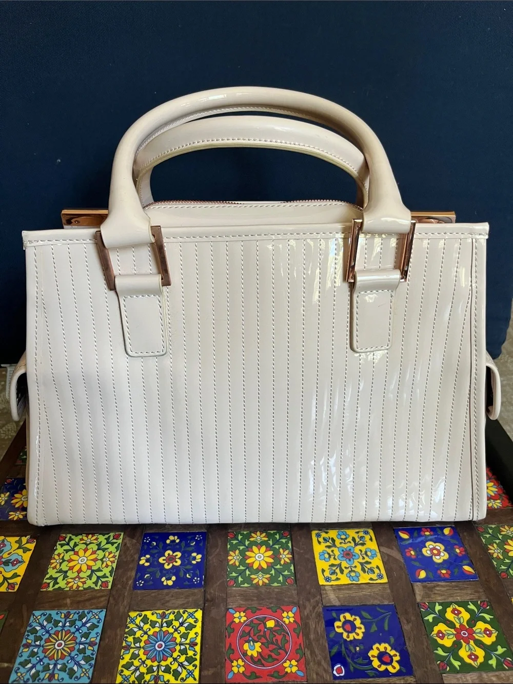 Ted Baker Cream Patent Leather Satchel with Yellow Trim